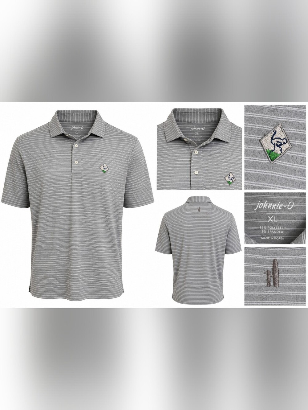 Johnnie-O Gray Striped Performance Polo Shirt XL Embroidered Golf Stretch.